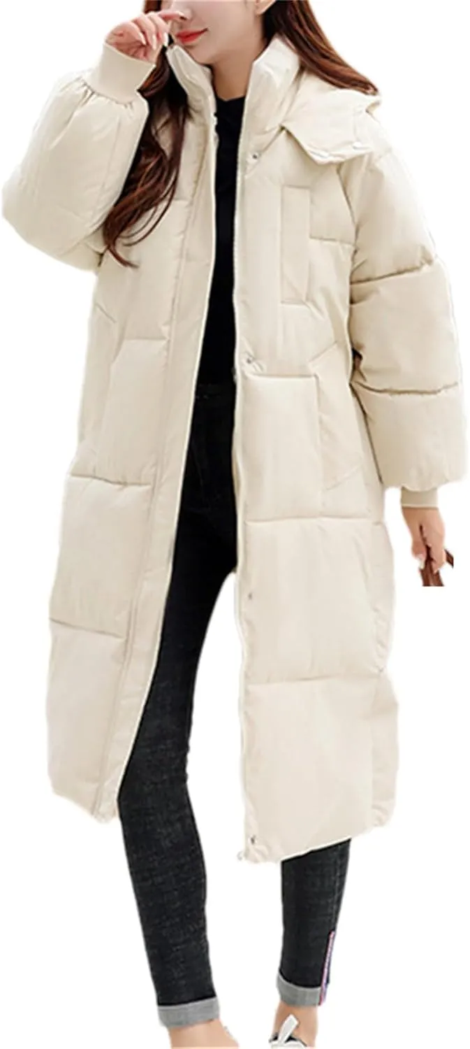 Adhdyuud Women Hooded Long Parkas Loose Thicken Winter Jacket Cold Coat Warm Windbreak Cotton Padded Jacket