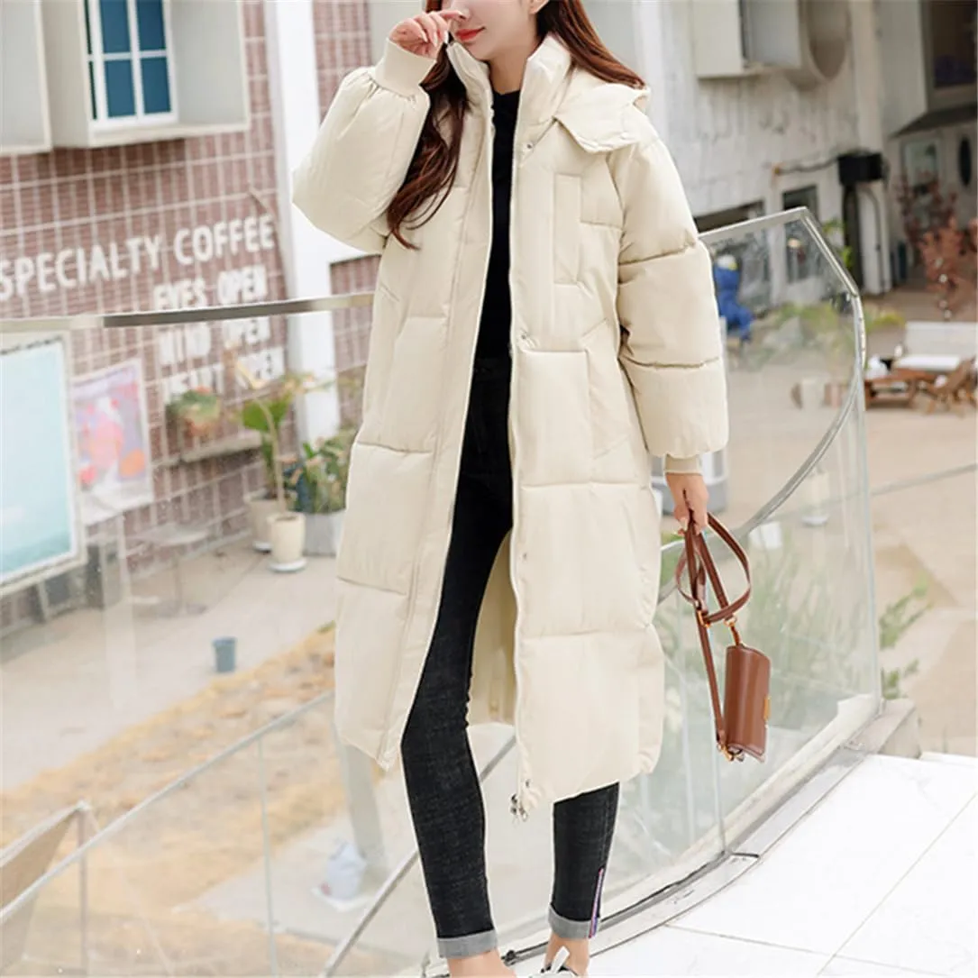 Adhdyuud Women Hooded Long Parkas Loose Thicken Winter Jacket Cold Coat Warm Windbreak Cotton Padded Jacket