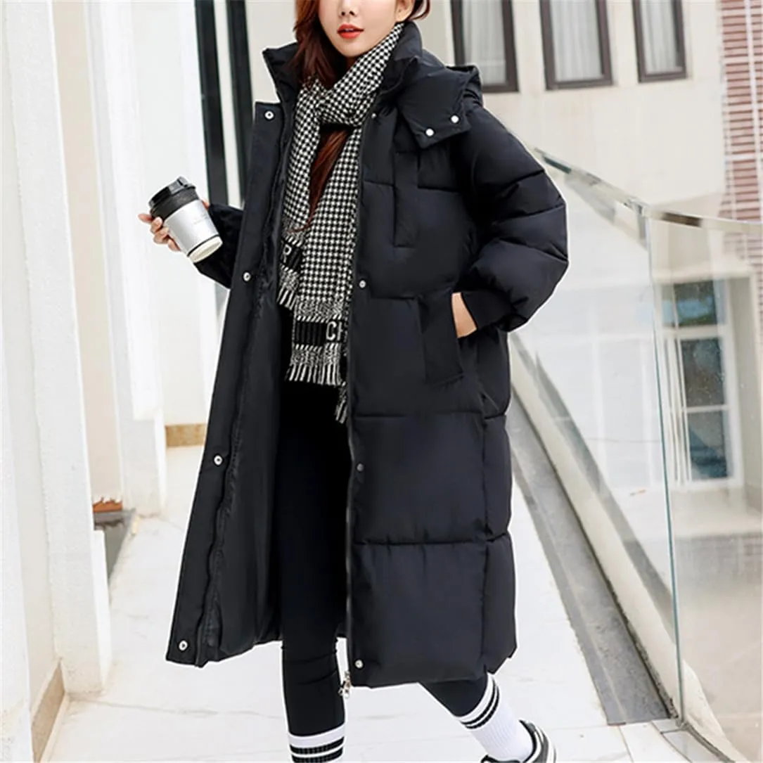 Adhdyuud Women Hooded Long Parkas Loose Thicken Winter Jacket Cold Coat Warm Windbreak Cotton Padded Jacket