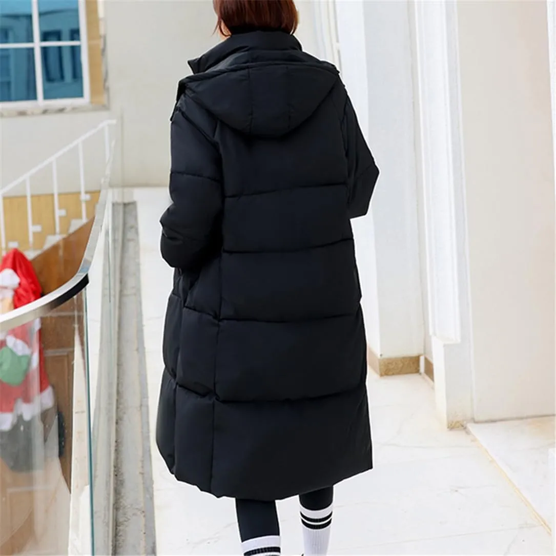 Adhdyuud Women Hooded Long Parkas Loose Thicken Winter Jacket Cold Coat Warm Windbreak Cotton Padded Jacket
