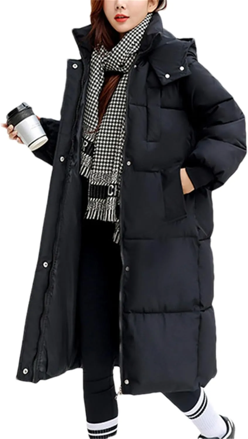 Adhdyuud Women Hooded Long Parkas Loose Thicken Winter Jacket Cold Coat Warm Windbreak Cotton Padded Jacket