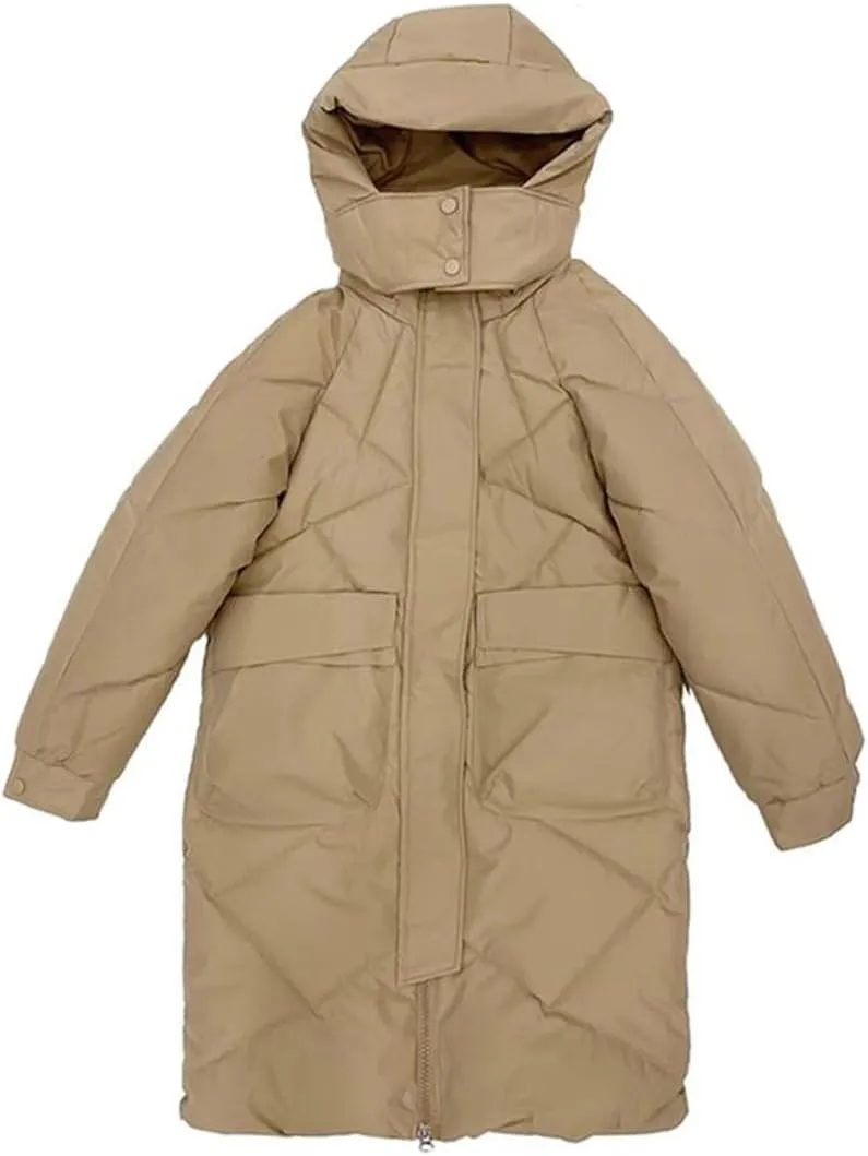 Adhdyuud Women Long Parkas Hooded Thicken Jacket Warm Snow Coat Cotton Padded Loose Outwear