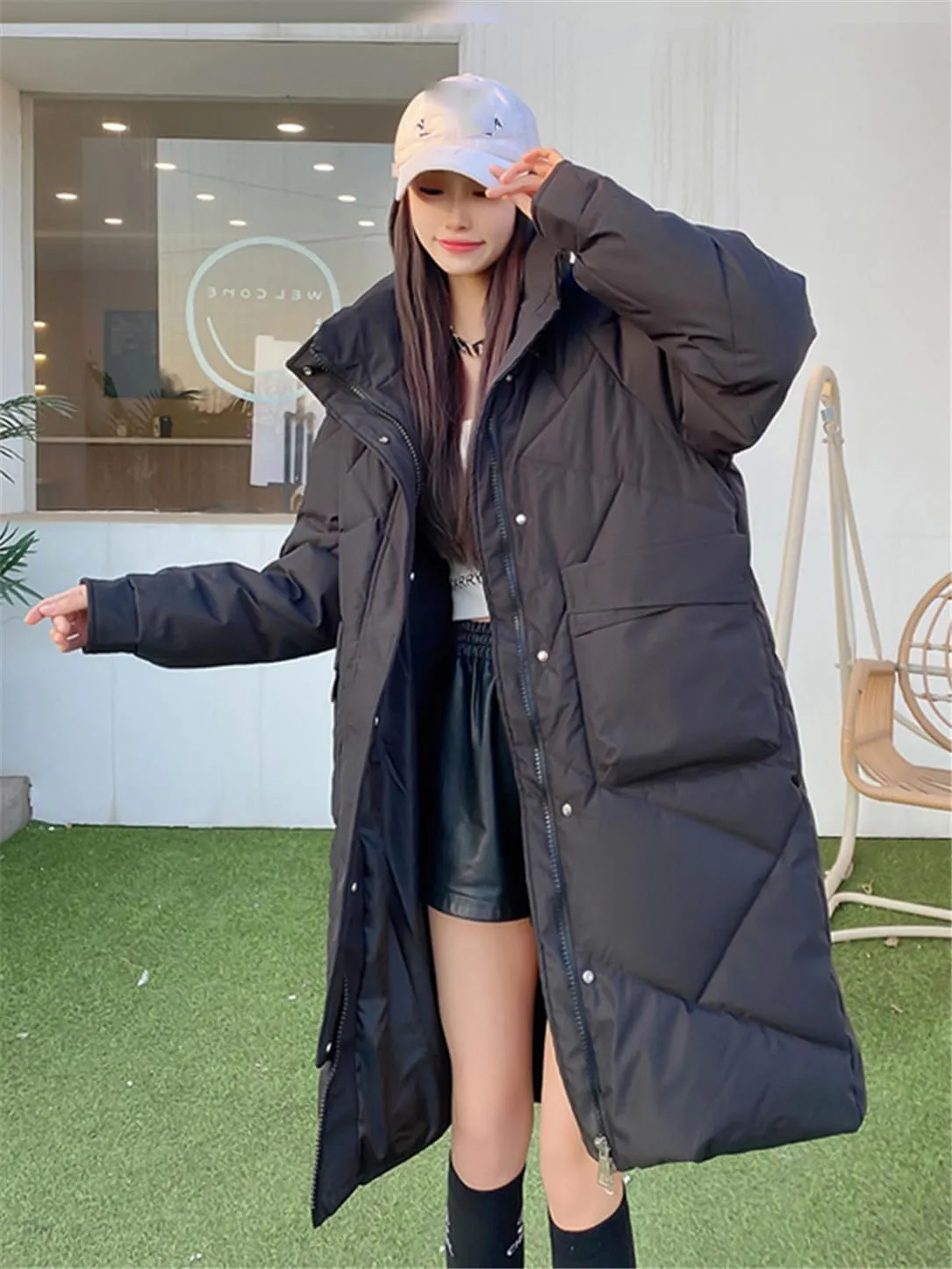 Adhdyuud Women Long Parkas Hooded Thicken Jacket Warm Snow Coat Cotton Padded Loose Outwear