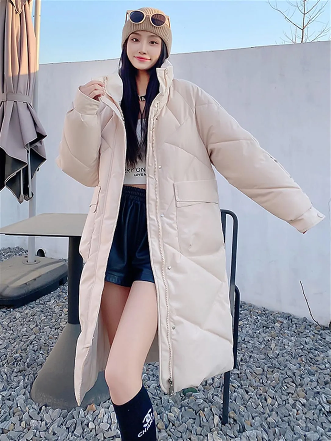 Adhdyuud Women Long Parkas Hooded Thicken Jacket Warm Snow Coat Cotton Padded Loose Outwear