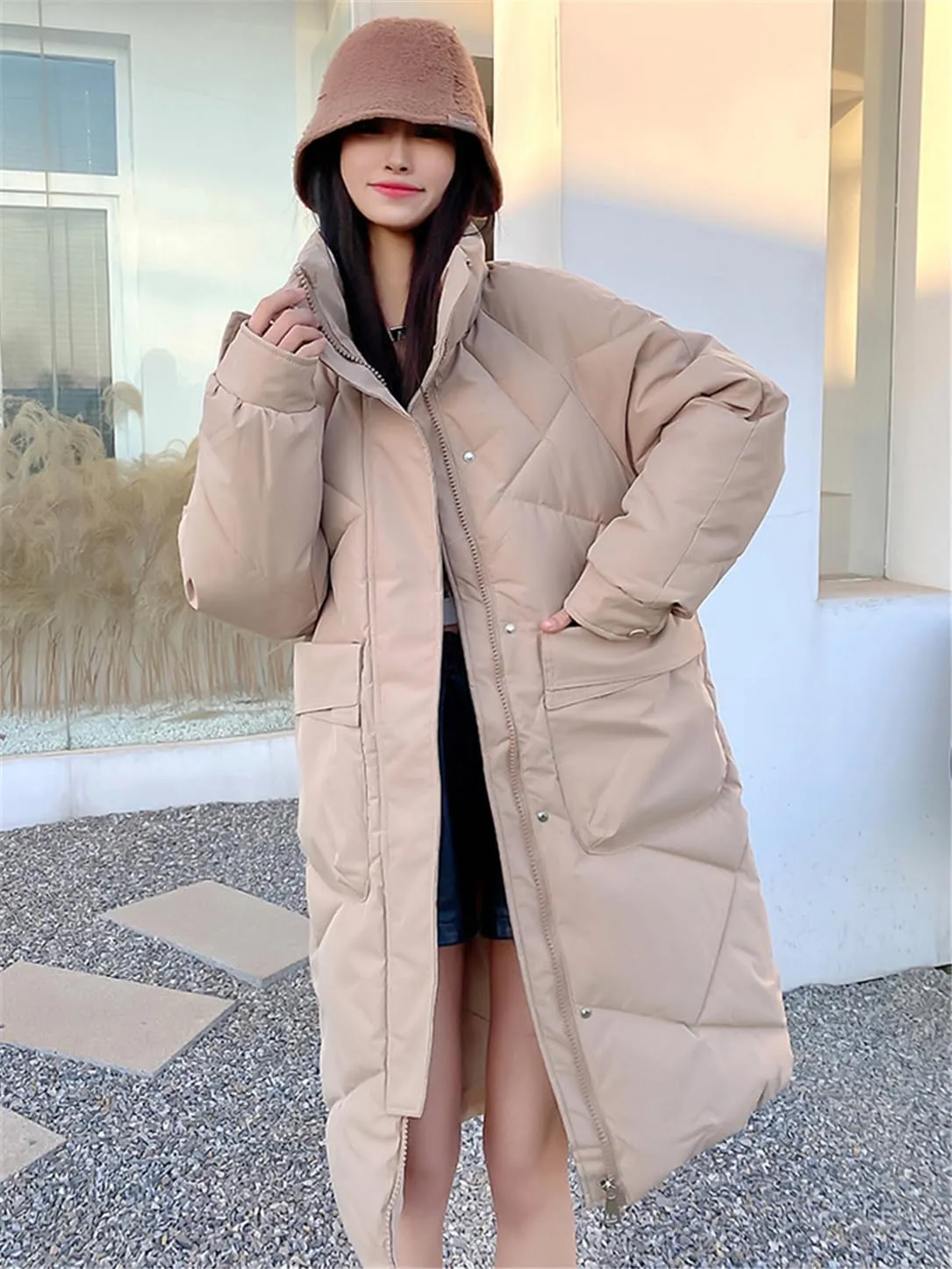 Adhdyuud Women Long Parkas Hooded Thicken Jacket Warm Snow Coat Cotton Padded Loose Outwear