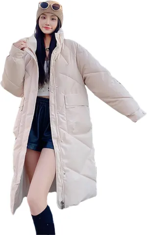 Adhdyuud Women Long Parkas Hooded Thicken Jacket Warm Snow Coat Cotton Padded Loose Outwear