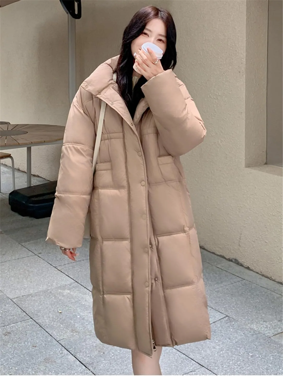 Adhdyuud Women Thick Warm Long Down Jackets Loose Stand Collar Puffer Jacket Cotton Padded Parkas Coats