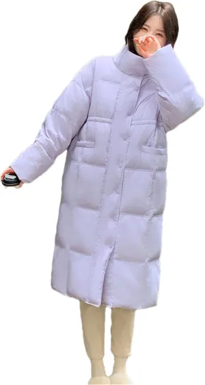 Adhdyuud Women Thick Warm Long Down Jackets Loose Stand Collar Puffer Jacket Cotton Padded Parkas Coats