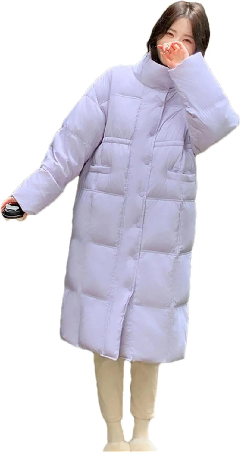 Adhdyuud Women Thick Warm Long Down Jackets Loose Stand Collar Puffer Jacket Cotton Padded Parkas Coats