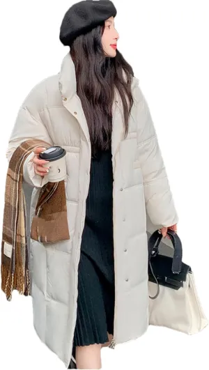 Adhdyuud Women Thick Warm Long Down Jackets Loose Stand Collar Puffer Jacket Cotton Padded Parkas Coats