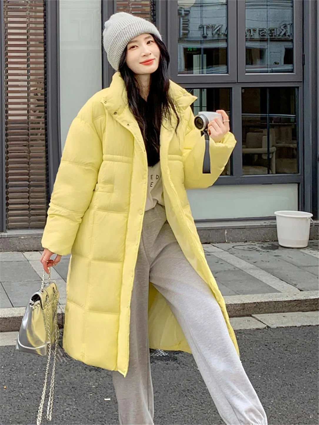 Adhdyuud Women Thick Warm Long Down Jackets Loose Stand Collar Puffer Jacket Cotton Padded Parkas Coats