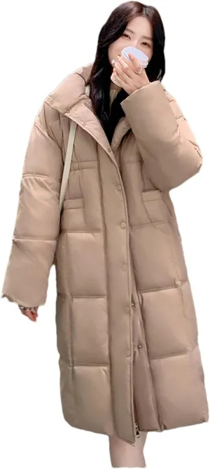 Adhdyuud Women Thick Warm Long Down Jackets Loose Stand Collar Puffer Jacket Cotton Padded Parkas Coats