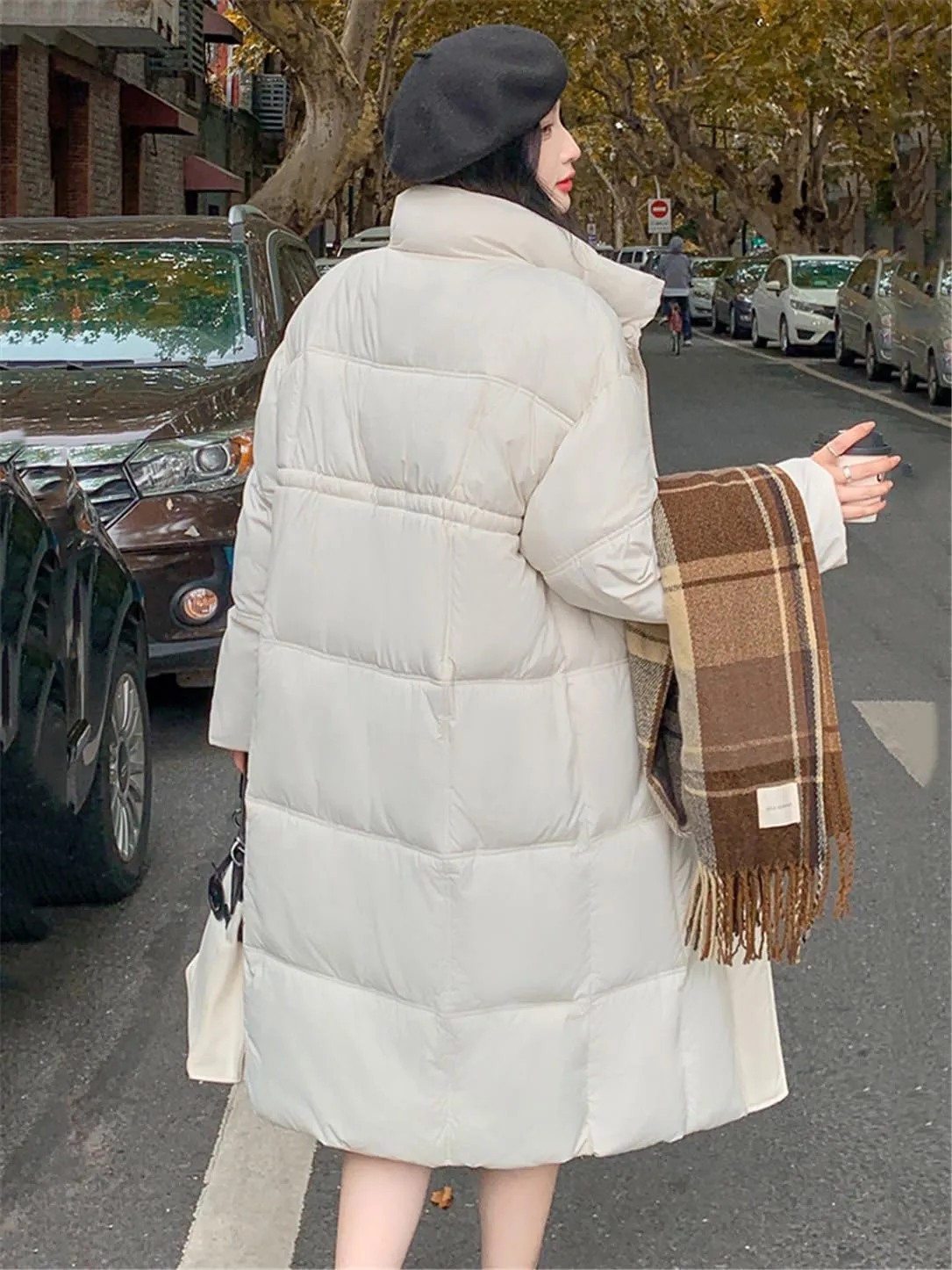Adhdyuud Women Thick Warm Long Down Jackets Loose Stand Collar Puffer Jacket Cotton Padded Parkas Coats