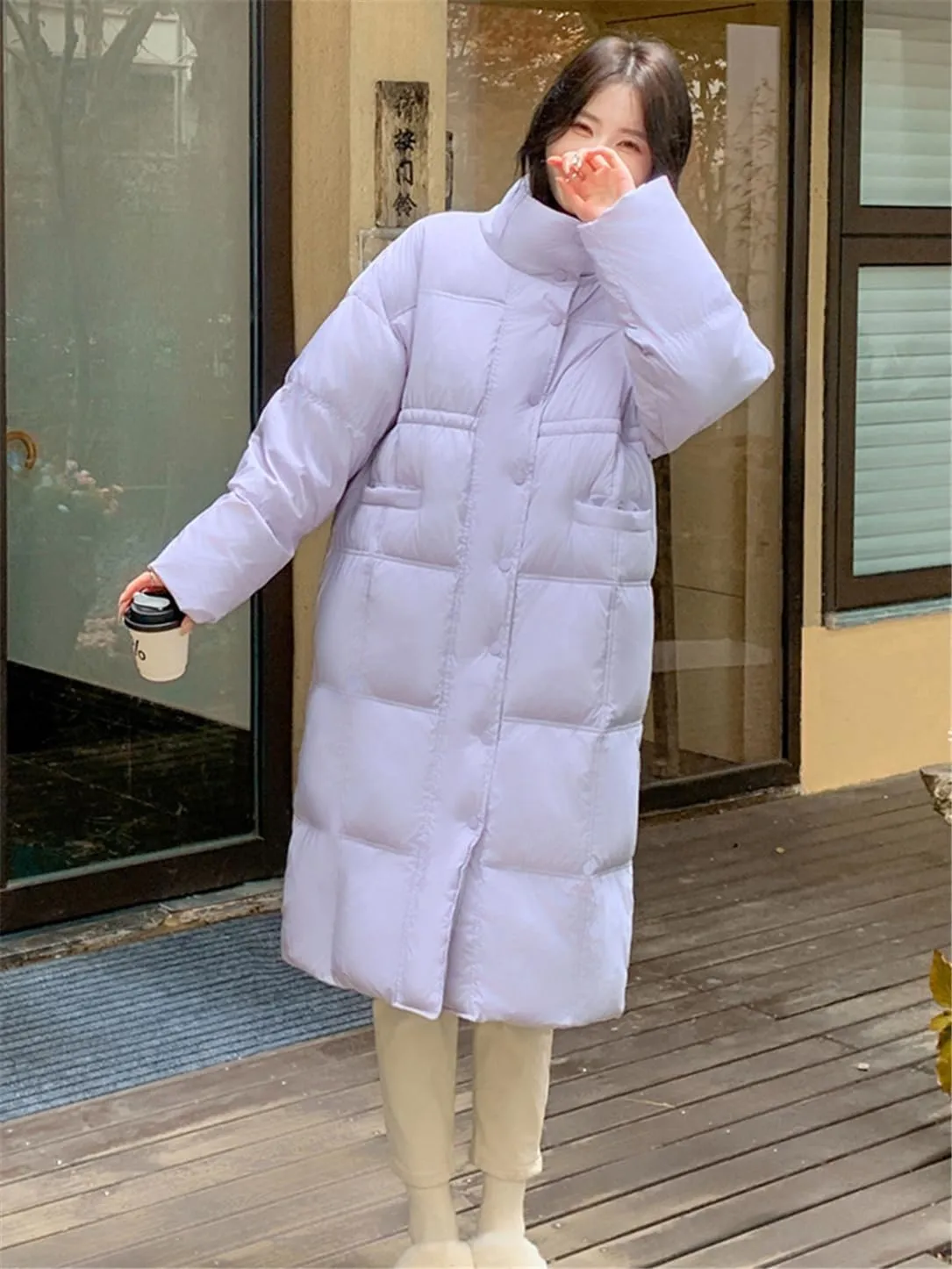 Adhdyuud Women Thick Warm Long Down Jackets Loose Stand Collar Puffer Jacket Cotton Padded Parkas Coats