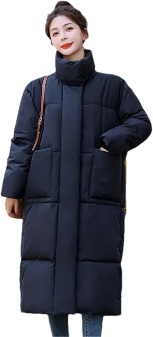 Adhdyuud Women Warm Parkas Snow Coat Big Pocket Overcoat Puffer Jacket Cotton Padded Outwear
