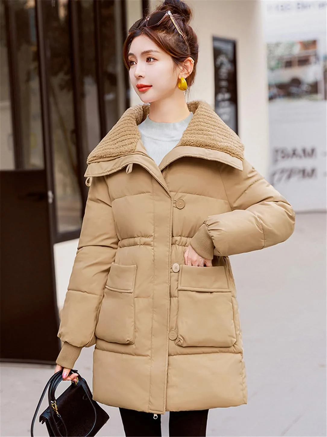 Adhdyuud Women's Cotton Padded Coat Lambwool Patchwork Parka Puffer Jacket Loose Warm Overcoat