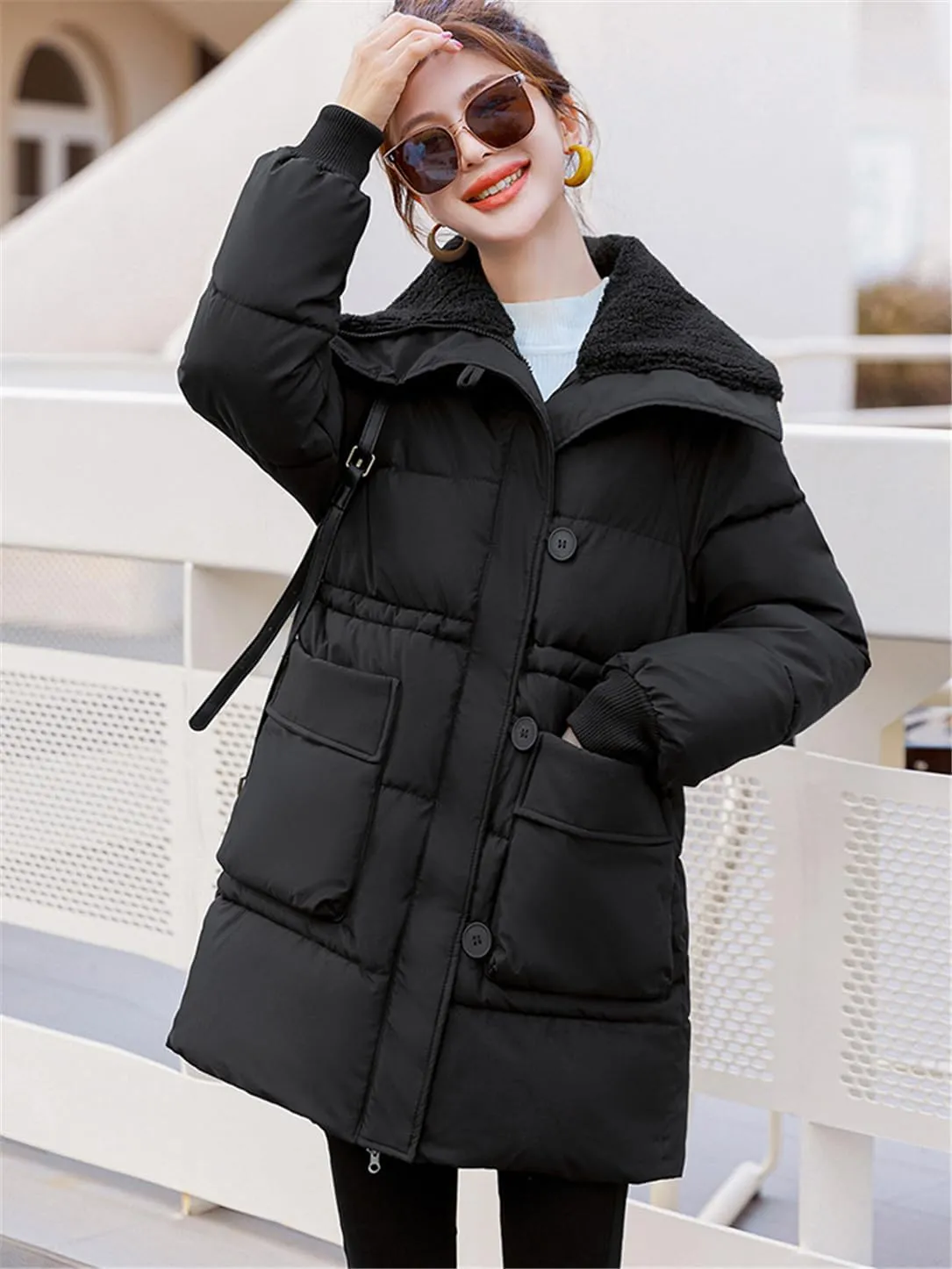 Adhdyuud Women's Cotton Padded Coat Lambwool Patchwork Parka Puffer Jacket Loose Warm Overcoat