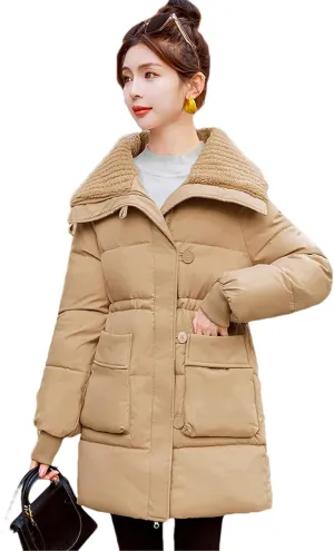 Adhdyuud Women's Cotton Padded Coat Lambwool Patchwork Parka Puffer Jacket Loose Warm Overcoat