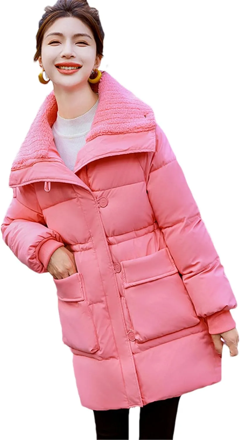 Adhdyuud Women's Cotton Padded Coat Lambwool Patchwork Parka Puffer Jacket Loose Warm Overcoat