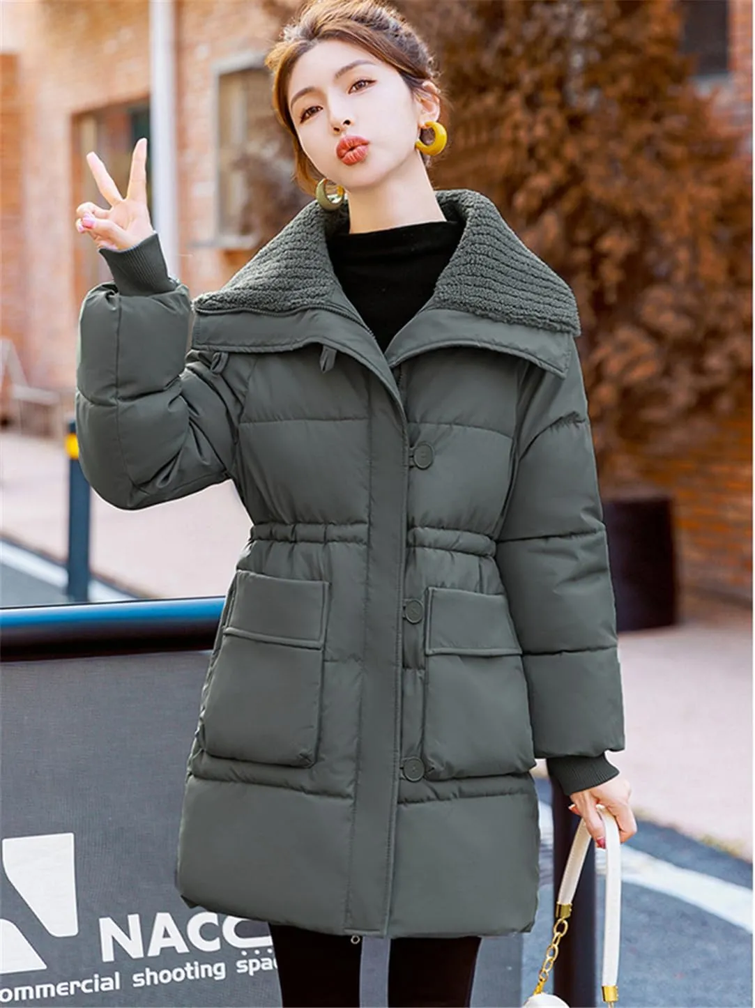 Adhdyuud Women's Cotton Padded Coat Lambwool Patchwork Parka Puffer Jacket Loose Warm Overcoat