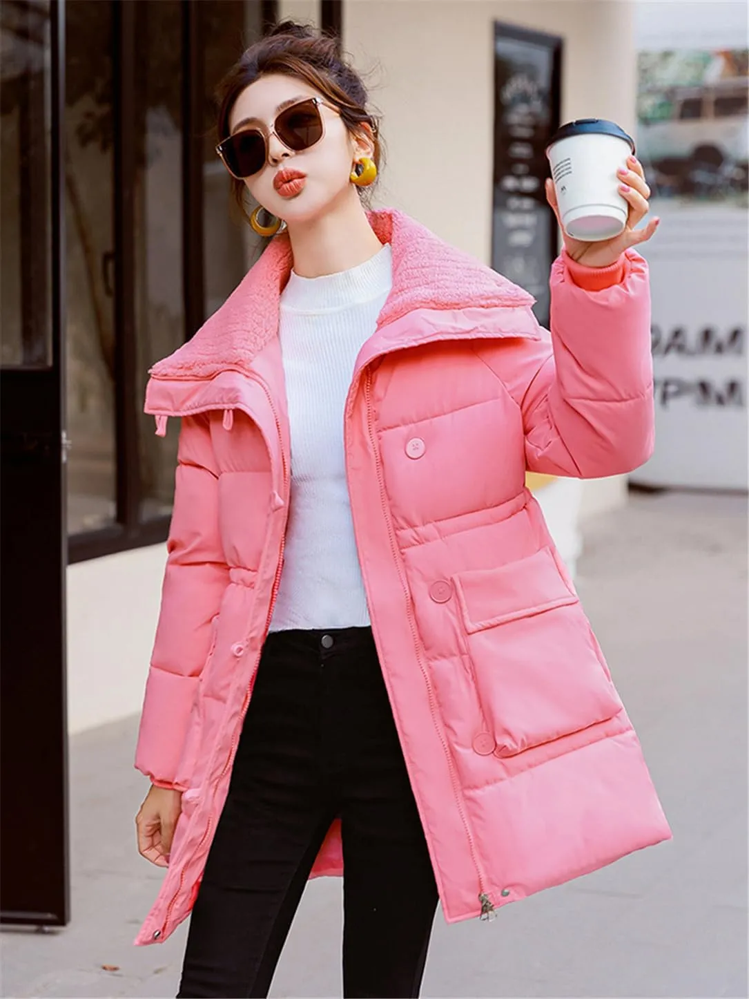 Adhdyuud Women's Cotton Padded Coat Lambwool Patchwork Parka Puffer Jacket Loose Warm Overcoat