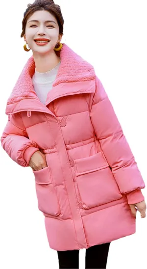 Adhdyuud Women's Cotton Padded Coat Lambwool Patchwork Parka Puffer Jacket Loose Warm Overcoat