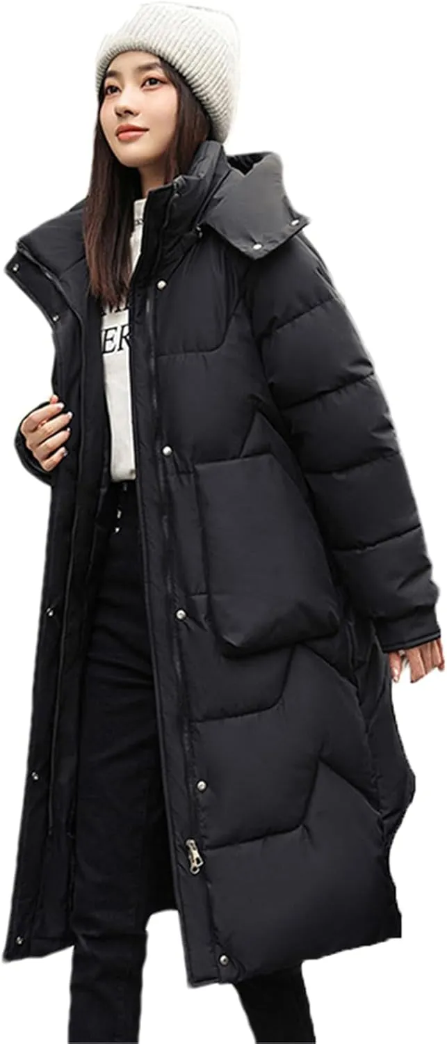 Adhdyuud Women's Long Parka Jackets Hooded Snow Coat Solid Puffer Jacket Big Pocket Cotton Padded Outerwear