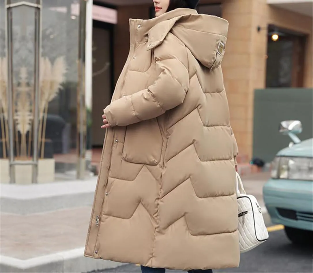 Adhdyuud Women's Long Parka Jackets Hooded Snow Coat Solid Puffer Jacket Big Pocket Cotton Padded Outerwear