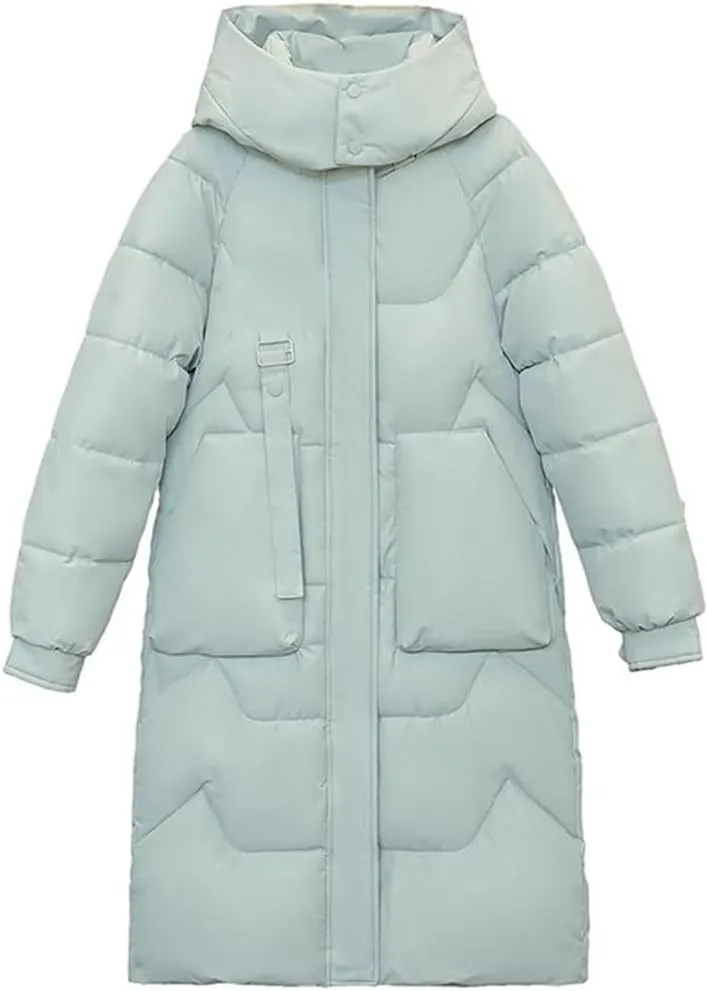Adhdyuud Women's Long Parka Jackets Hooded Snow Coat Solid Puffer Jacket Big Pocket Cotton Padded Outerwear