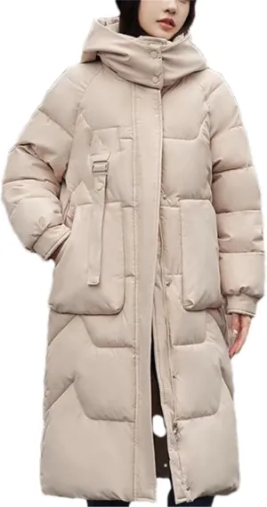 Adhdyuud Women's Long Parka Jackets Hooded Snow Coat Solid Puffer Jacket Big Pocket Cotton Padded Outerwear