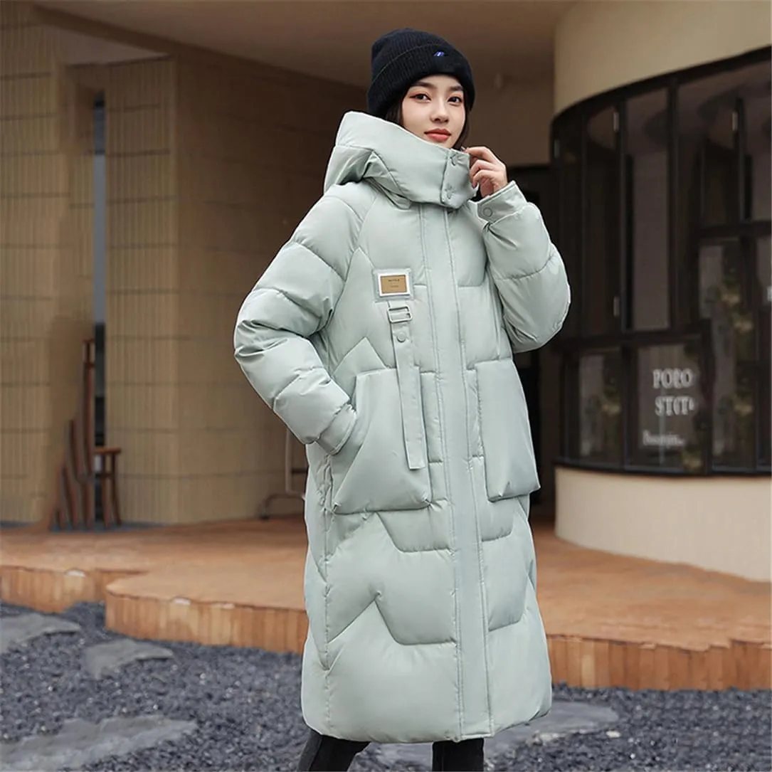 Adhdyuud Women's Long Parka Jackets Hooded Snow Coat Solid Puffer Jacket Big Pocket Cotton Padded Outerwear