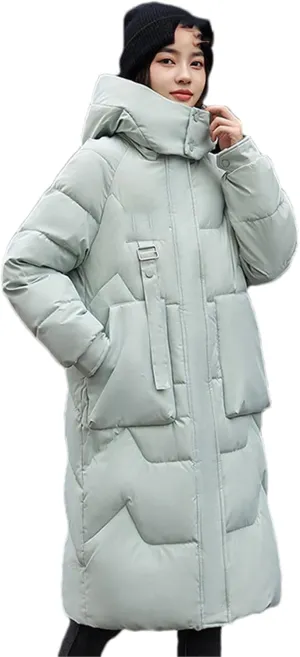Adhdyuud Women's Long Parka Jackets Hooded Snow Coat Solid Puffer Jacket Big Pocket Cotton Padded Outerwear