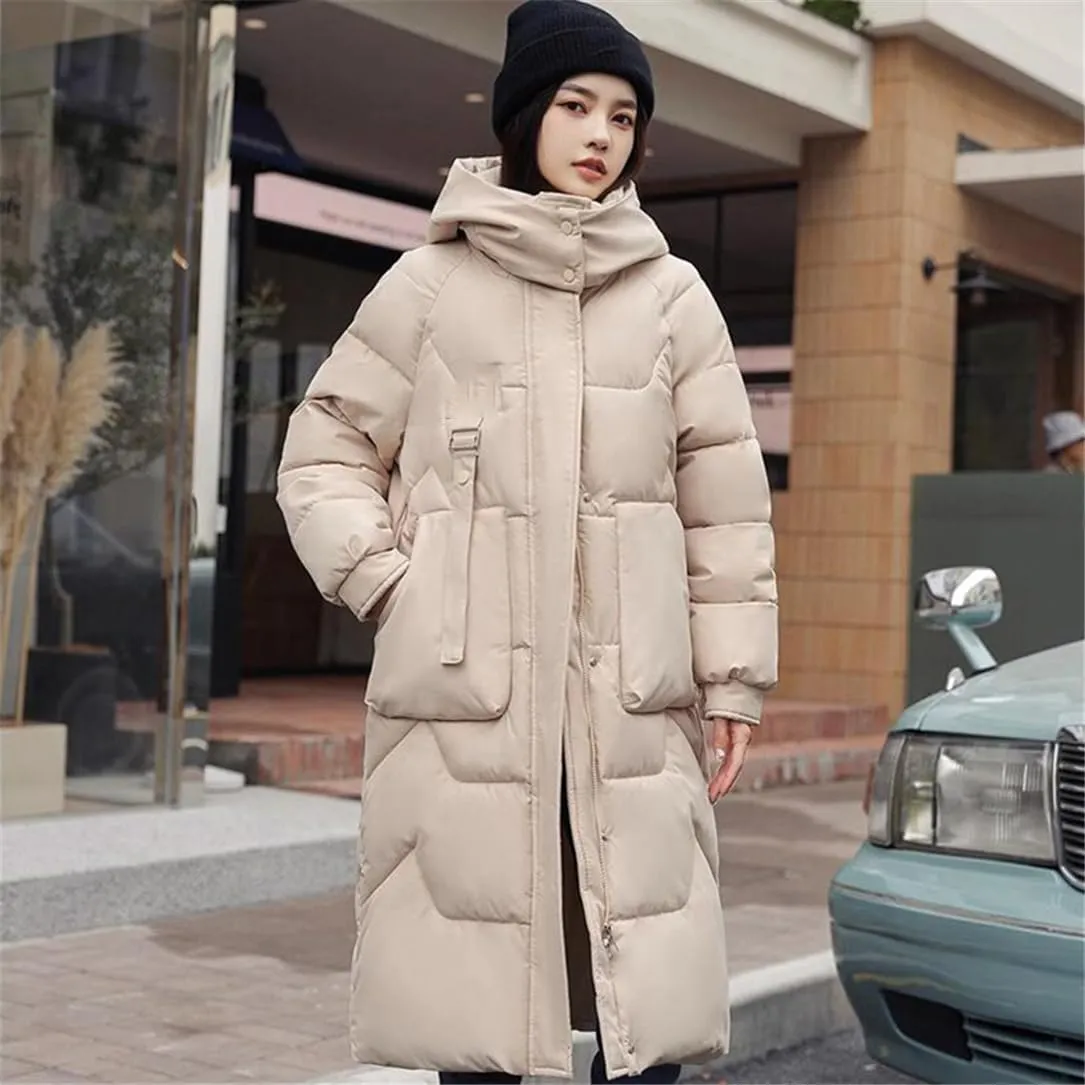 Adhdyuud Women's Long Parka Jackets Hooded Snow Coat Solid Puffer Jacket Big Pocket Cotton Padded Outerwear