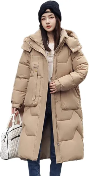 Adhdyuud Women's Long Parka Jackets Hooded Snow Coat Solid Puffer Jacket Big Pocket Cotton Padded Outerwear