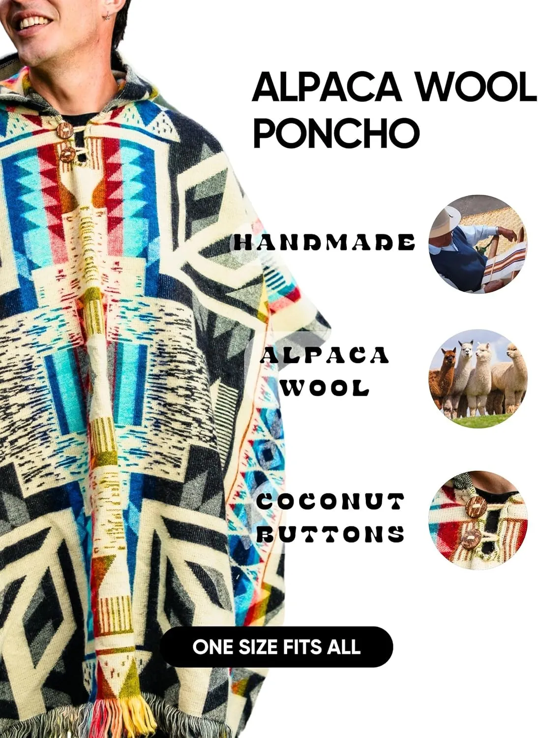Adult Ponchos With Hood for men - Alpaca Poncho Men - Artesanal Ponchos Adult  Mens Poncho with Hood