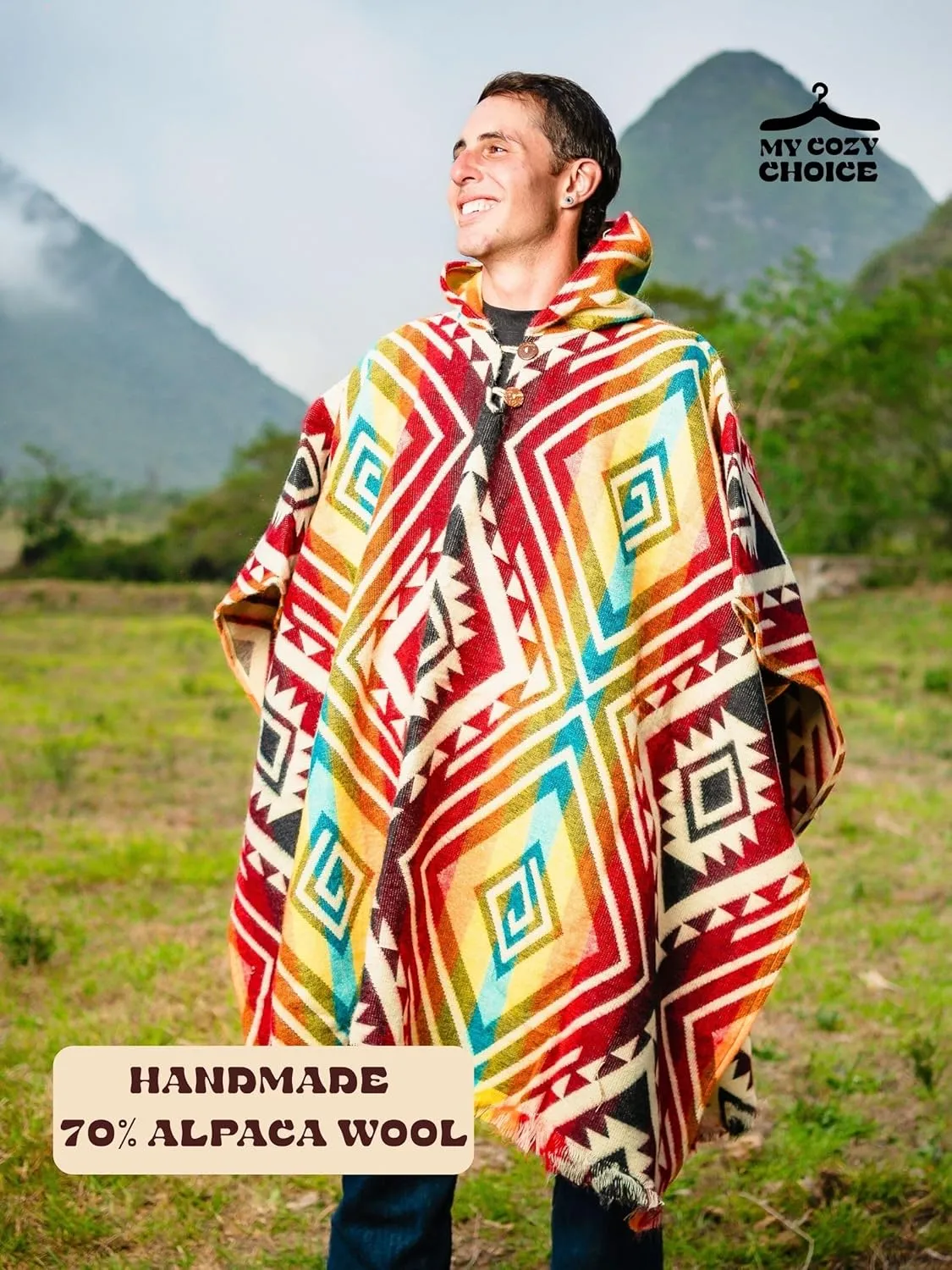 Adult Ponchos With Hood for men - Alpaca Poncho Men - Artesanal Ponchos Adult  Mens Poncho with Hood