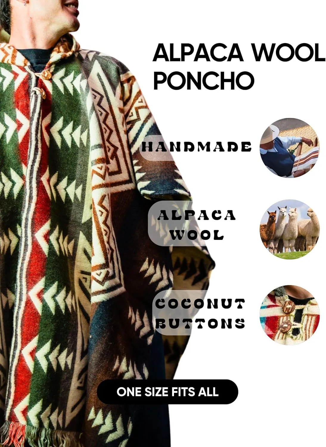 Adult Ponchos With Hood for men - Alpaca Poncho Men - Artesanal Ponchos Adult  Mens Poncho with Hood