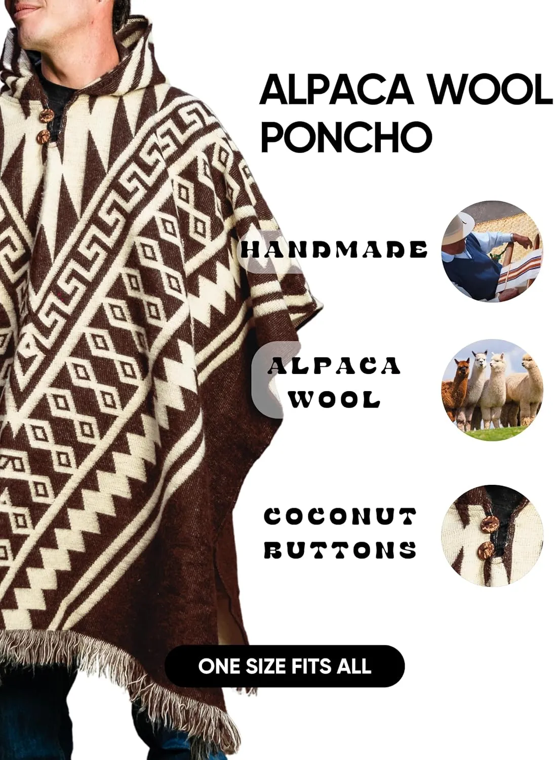 Adult Ponchos With Hood for men - Alpaca Poncho Men - Artesanal Ponchos Adult  Mens Poncho with Hood