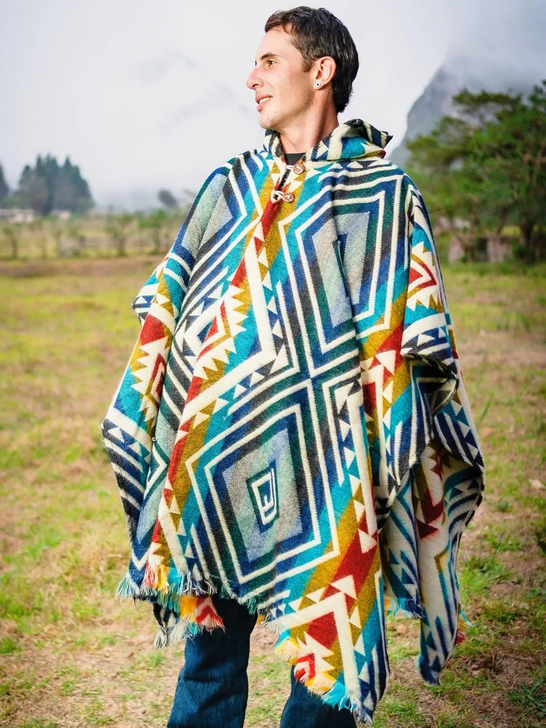 Adult Ponchos With Hood for men - Alpaca Poncho Men - Artesanal Ponchos Adult  Mens Poncho with Hood