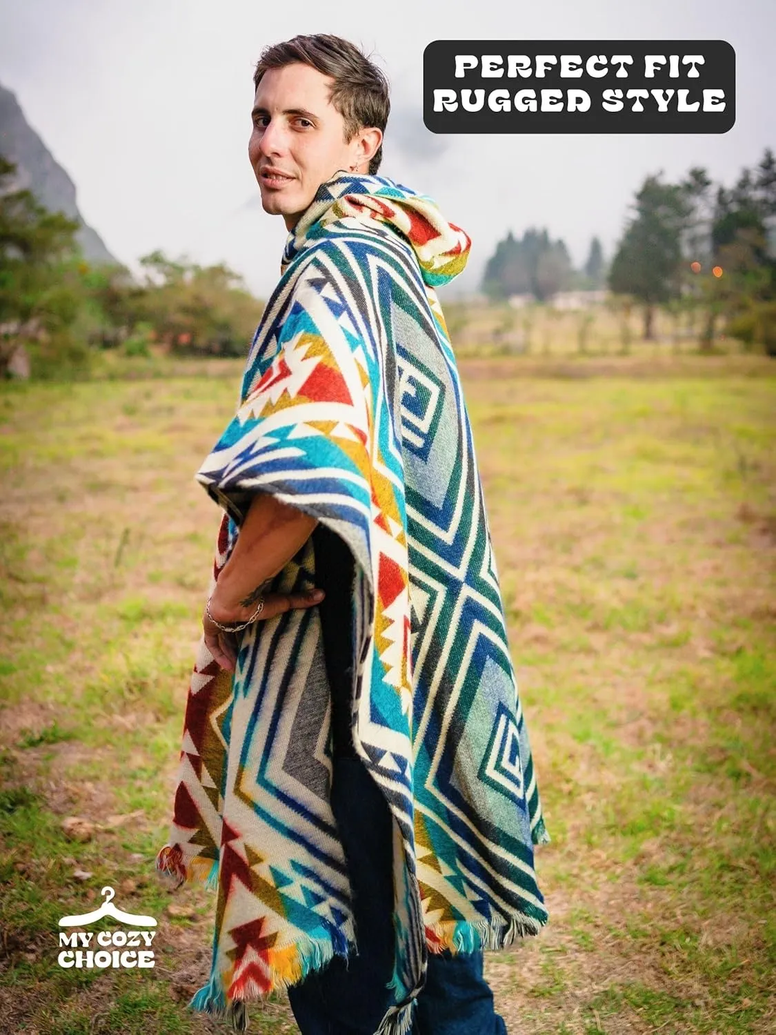 Adult Ponchos With Hood for men - Alpaca Poncho Men - Artesanal Ponchos Adult  Mens Poncho with Hood