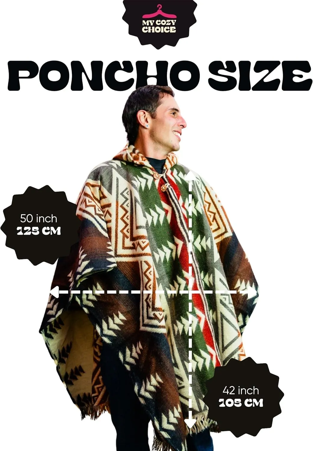 Adult Ponchos With Hood for men - Alpaca Poncho Men - Artesanal Ponchos Adult  Mens Poncho with Hood