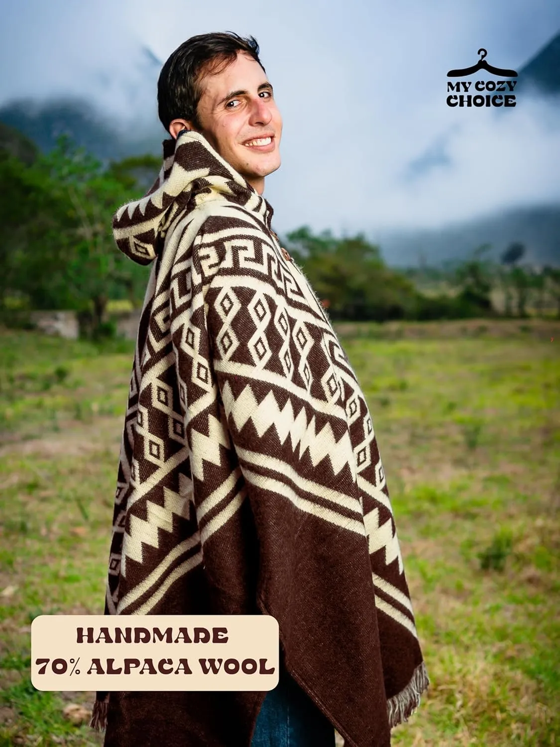 Adult Ponchos With Hood for men - Alpaca Poncho Men - Artesanal Ponchos Adult  Mens Poncho with Hood