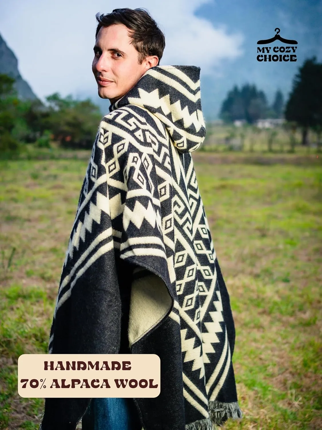 Adult Ponchos With Hood for men - Alpaca Poncho Men - Artesanal Ponchos Adult  Mens Poncho with Hood