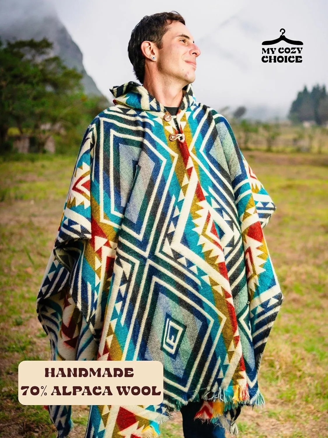Adult Ponchos With Hood for men - Alpaca Poncho Men - Artesanal Ponchos Adult  Mens Poncho with Hood