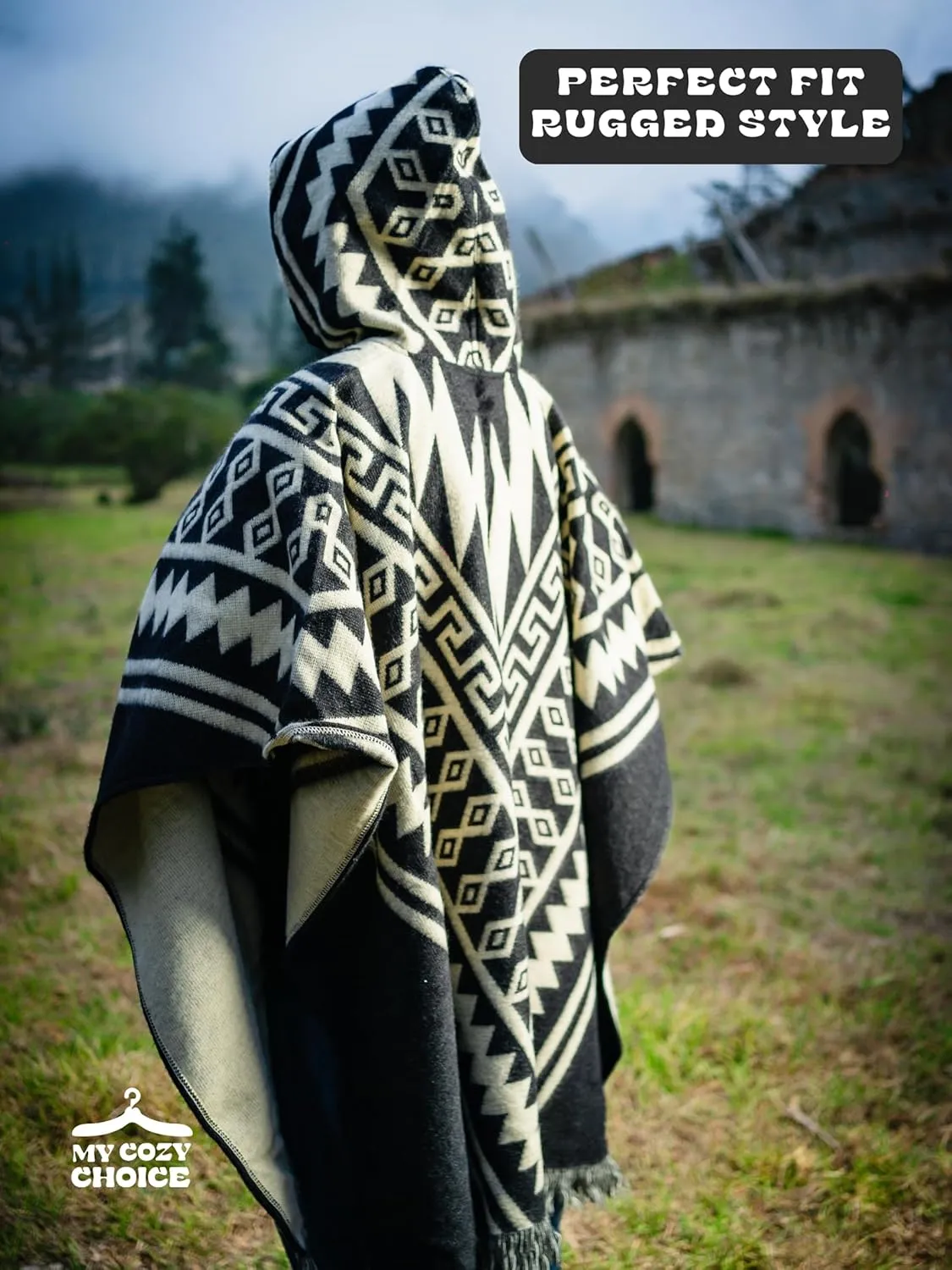 Adult Ponchos With Hood for men - Alpaca Poncho Men - Artesanal Ponchos Adult  Mens Poncho with Hood