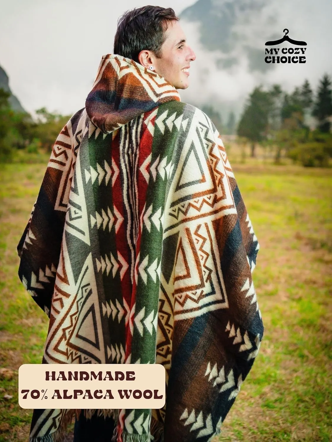 Adult Ponchos With Hood for men - Alpaca Poncho Men - Artesanal Ponchos Adult  Mens Poncho with Hood