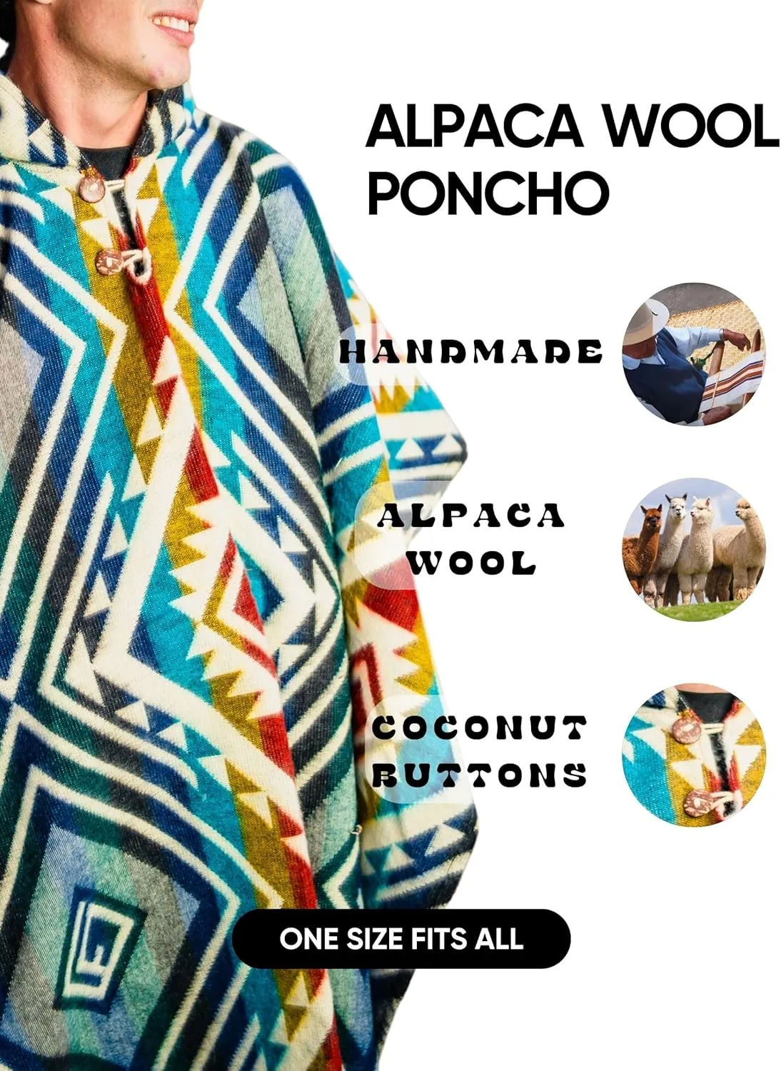 Adult Ponchos With Hood for men - Alpaca Poncho Men - Artesanal Ponchos Adult  Mens Poncho with Hood