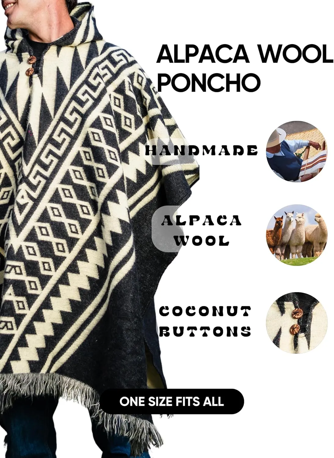 Adult Ponchos With Hood for men - Alpaca Poncho Men - Artesanal Ponchos Adult  Mens Poncho with Hood