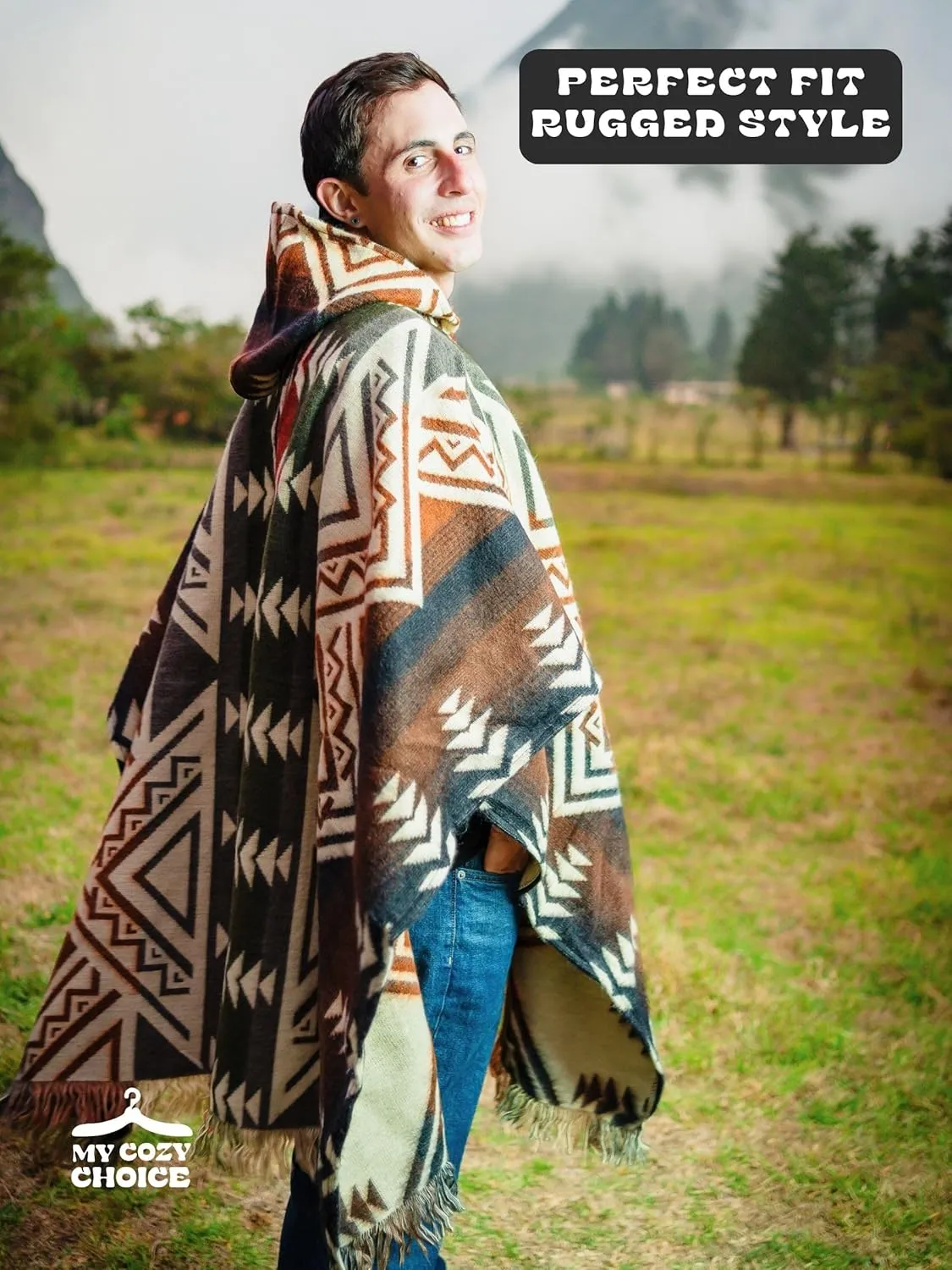 Adult Ponchos With Hood for men - Alpaca Poncho Men - Artesanal Ponchos Adult  Mens Poncho with Hood