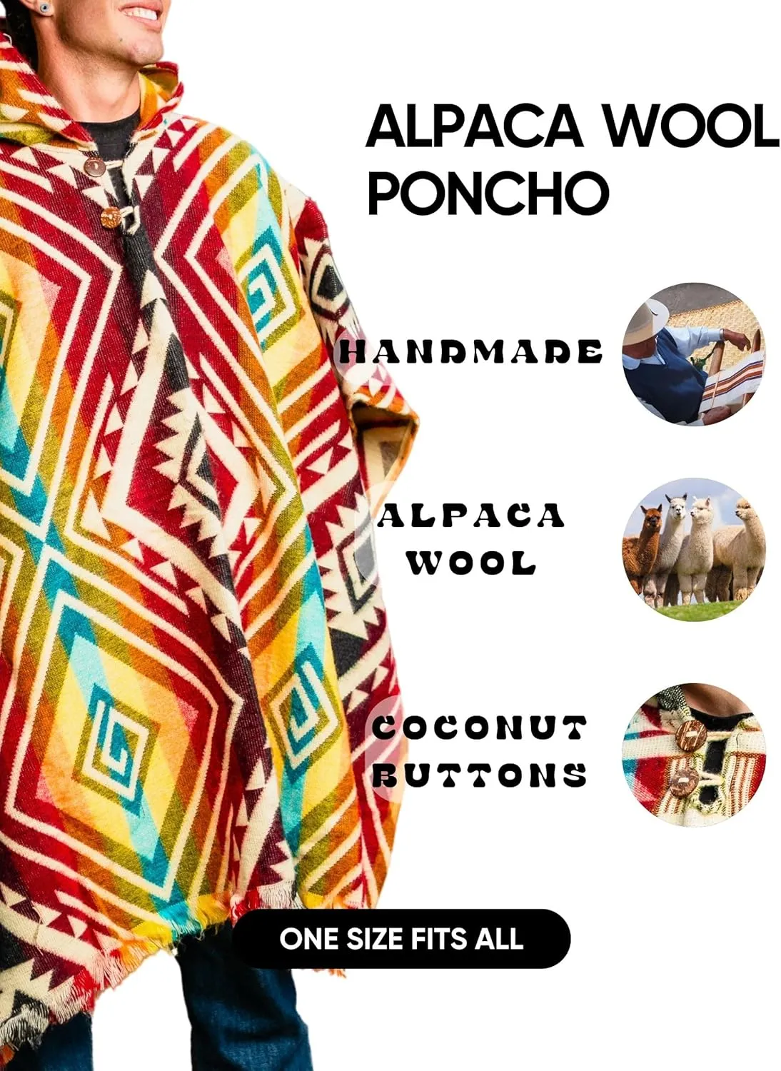 Adult Ponchos With Hood for men - Alpaca Poncho Men - Artesanal Ponchos Adult  Mens Poncho with Hood